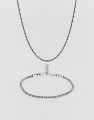 Комплект из браслета и ожерелья в виде цепочки-змейки DesignB London. Цвет: серебряный
