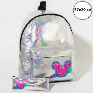 Рюкзак школьный с пеналом, 38х30х11 см, микки маус Disney. Цвет: серебристый
