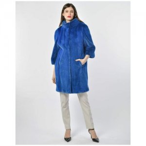 Пальто , норка, силуэт прямой, пояс/ремень, размер 40, синий Manakas Frankfurt. Цвет: синий