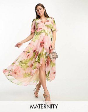 Розовое платье макси с оборками и запахом Maternity Hope & Ivy