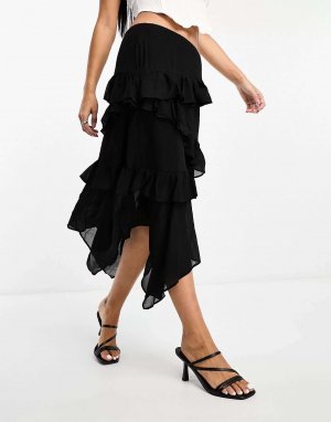 Гламурная многоярусная юбка миди с оборками из черного шифона асимметричным подолом Glamorous
