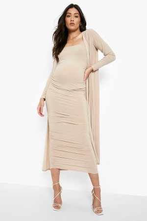 Комплект платья Duster с квадратным вырезом и рюшами для беременных boohoo, бежевый Boohoo