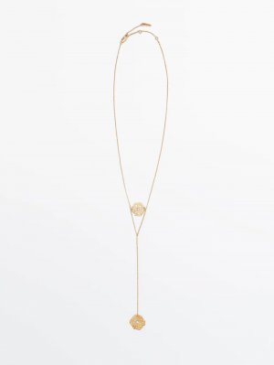 Позолоченное длинное ожерелье с двойным цветком , золотой Massimo Dutti