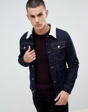 Темно-синяя джинсовая куртка с воротником из искусственного меха Burton Menswear. Цвет: синий