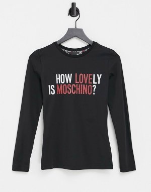 Черный лонгслив с логотипом и надписью How lovely is Love Moschino