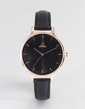 Часы с розово-золотистым корпусом и черным кожаным ремешком ASOS DESIGN. Цвет: черный