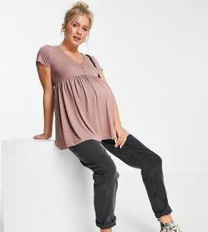 Серо-бежевый топ для кормящих мам с пуговицами спереди и баской -Коричневый цвет New Look Maternity