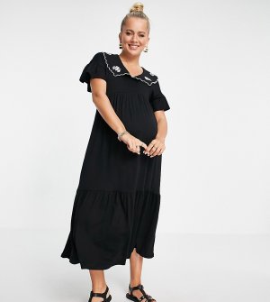 Черное ярусное платье миди для беременных с присборенной юбкой и воротником вышивкой -Черный цвет Violet Romance Maternity