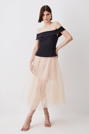 Компактное платье миди с открытой юбкой из эластичного тюля и бардо , черный Karen Millen