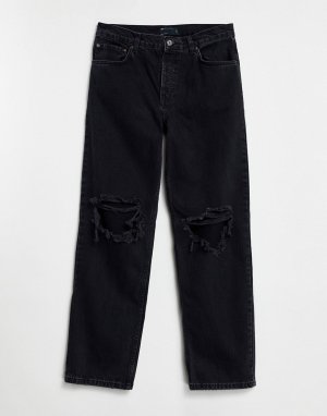 Выбеленные черные джинсы прямого кроя с заниженной талией и рваной отделкой на коленях -Черный цвет ASOS DESIGN