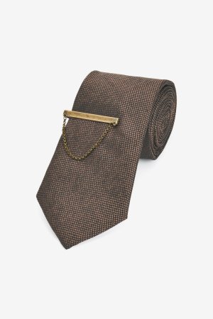 Текстурированный галстук и зажим , коричневый Next