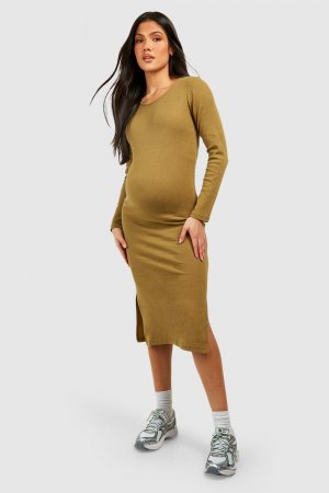 Платье миди в рубчик с длинными рукавами для беременных boohoo, хаки Boohoo