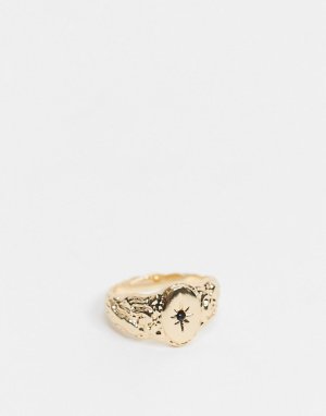 Золотистое кольцо-печатка с овальным мраморным камнем -Золотой Chained & Able
