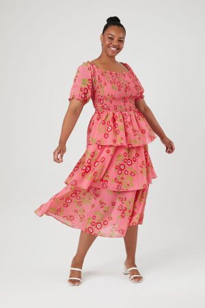 Многоярусное платье-миди с цветочным принтом больших размеров , красный Forever 21