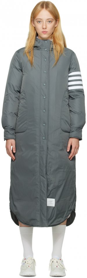Серое пуховое пальто с узором 4 полоски Thom Browne