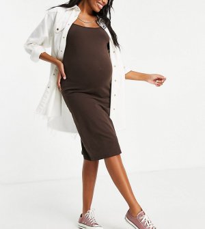 Коричневое трикотажное платье с квадратным вырезом из органического хлопка Mamalicious Maternity-Коричневый цвет Mama.licious