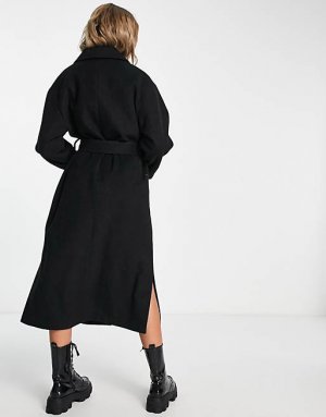 Черное двубортное пальто из смесовой шерсти с поясом Monki