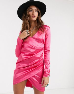 Структурированное атласное платье мини с запахом -Розовый Sacred Hawk
