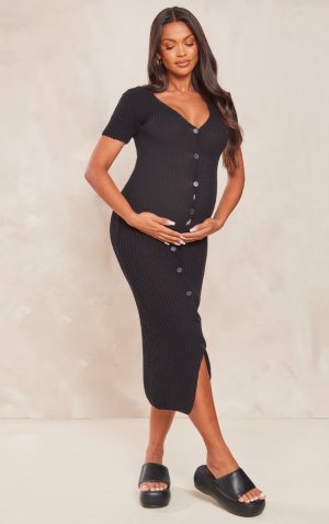Черное вязаное платье мидакси на пуговицах для беременных PrettyLittleThing