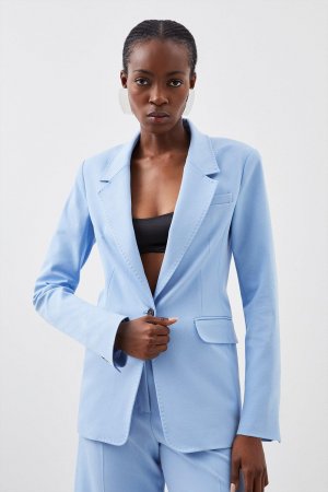 Приталенный однобортный пиджак с карманами , синий Karen Millen