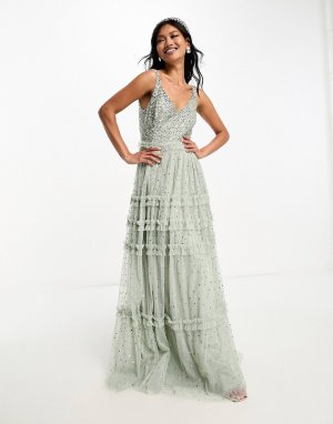 Платье макси из тюля Bridesmaid с нежными пайетками в тон и пышной юбкой цвета шалфейно-зеленого Maya