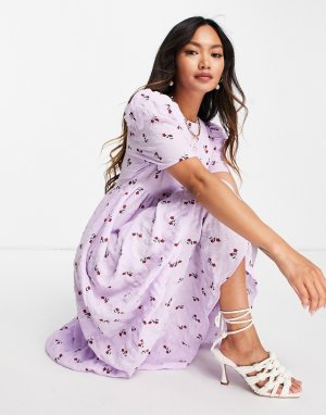 Платье миди с присборенной юбкой, цветочным принтом и завязкой спереди -Фиолетовый цвет Lost Ink