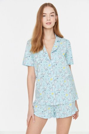Разноцветный вязаный пижамный комплект из 100% хлопка, рубашка и шорты Trendyol