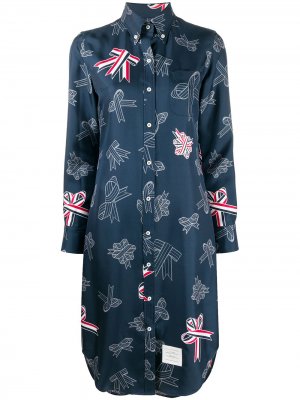 Платье-рубашка с длинными рукавами и принтом Thom Browne. Цвет: синий