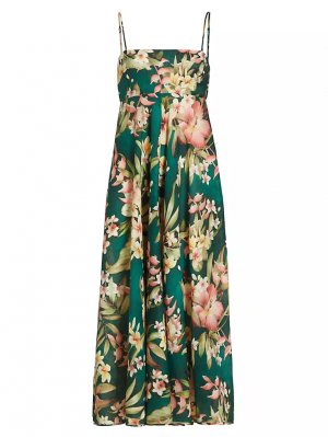 Льняное платье-бандо Lexi с цветочным принтом , цвет green palm Zimmermann