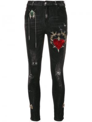 Декорированные джинсы скинни с рваными деталями Amen. Цвет: серый