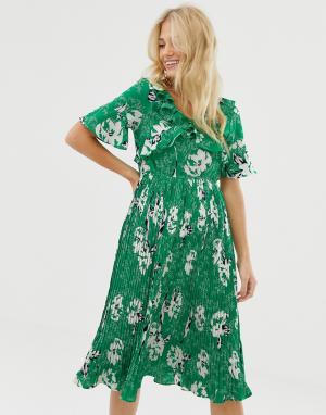 Платье миди с плиссированной юбкой и цветочным принтом -Зеленый Liquorish