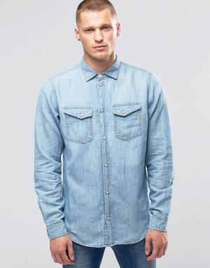 Джинсовая рубашка с эффектом поношенности Pepe Hammond Z31 Jeans. Цвет: синий