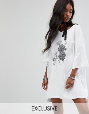 Платье-футболка в стиле оверсайз с чокером-завязкой Vintage Milk It. Цвет: белый