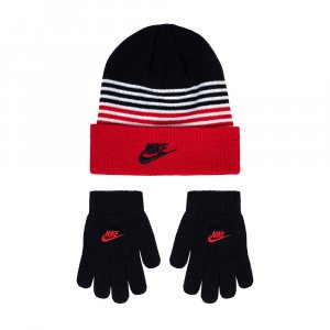 Детский набор: шапка и перчатки Striped Beanie & Gloves Set Nike. Цвет: черно-красный
