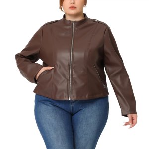 Женская мотоциклетная куртка из искусственной кожи больших размеров с карманом на молнии и , коричневый Agnes Orinda