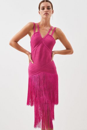 Вязаное платье миди с бахромой и для миниатюрной фигуры, розовый Karen Millen