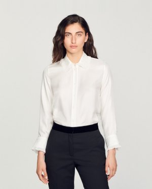 Женская шелковая рубашка с вышитым и плиссированным воротником , белый Sandro