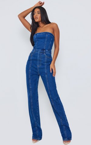 Высокий джинсовый комбинезон-бандо среднего синего цвета с прямыми штанинами PrettyLittleThing