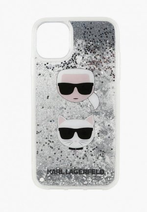 Чехол для iPhone Karl Lagerfeld 11 Liquid glitter and Choupette heads Hard Silver. Цвет: серебряный