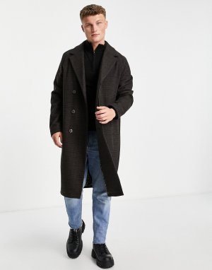 Свободное пальто-кокон в клетку с добавлением шерсти -Коричневый цвет Harry Brown