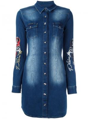 Джинсовое платье-рубашка с вышивкой Philipp Plein. Цвет: синий