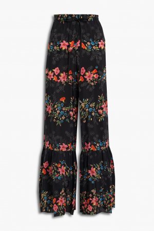 Расклешенные брюки широкого кроя из шелкового крепа со сборками и цветочным принтом REDVALENTINO, черный REDValentino