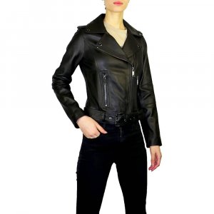 Черная короткая кожаная куртка с асимметричным поясом и молнией MICHAEL KORS Верхняя одежда Черный