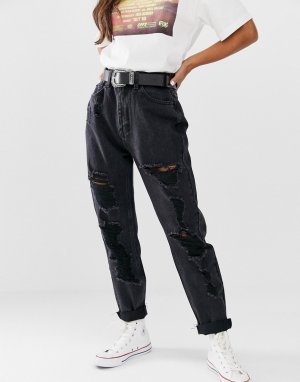 Черные рваные джинсы в винтажном стиле Pull&Bear. Цвет: черный
