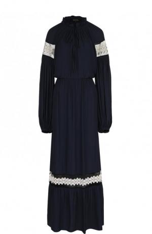 Приталенное платье-макси с длинным рукавом Poustovit. Цвет: синий
