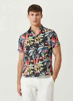 Черная льняная рубашка с коротким рукавом цветочным узором Peninsula