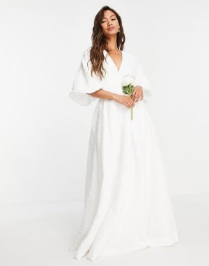 Свадебное платье с фактурным цветочным узором и плиссировкой на талии Winnie-Белый ASOS EDITION