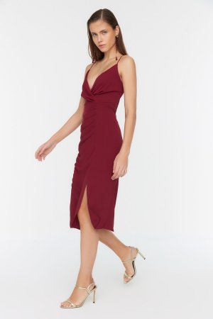 Элегантное вечернее платье бордового цвета со сборками TPRSS22EL2292 , бордовый Trendyol