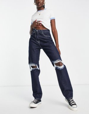 Очень длинные выбеленные джинсы цвета индиго со рваными коленями -Темно-синий Rebellious Fashion
