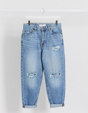 Голубые рваные джинсы свободного фасона -Голубой Bershka